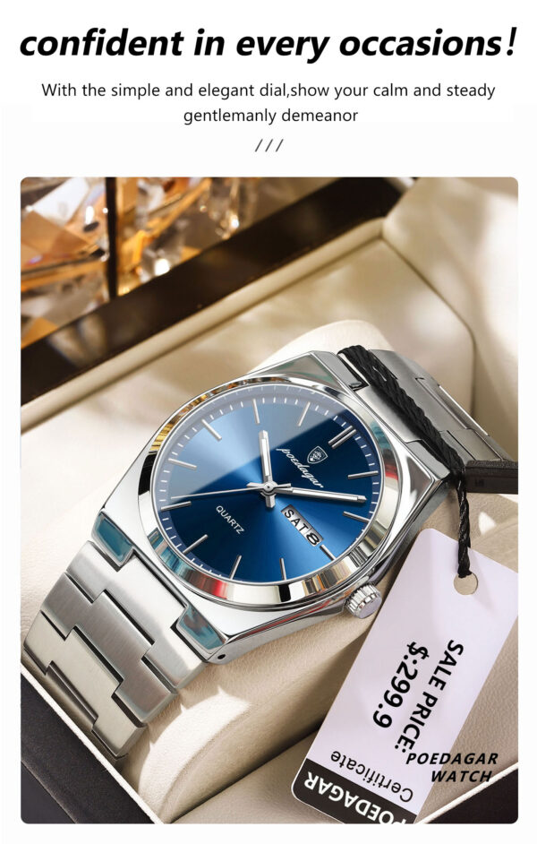 POEDAGAR 930 Business Luminous Stainless Steel Quartz Men’s Watch- Silver Blue - Image 3