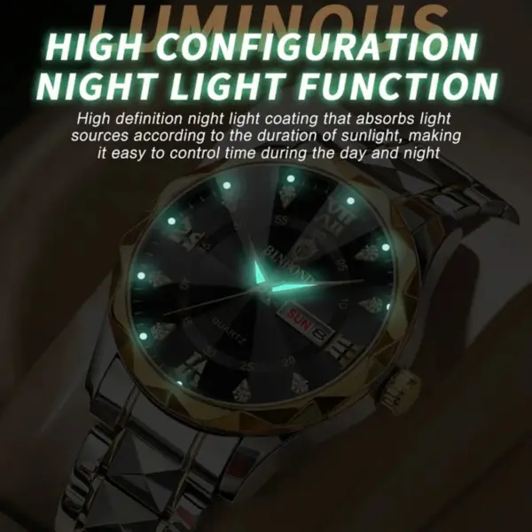 Luxury Binbond authentic men's watch waterproof night light dual calendar watch men's quartz watch diamond ceiling glass- Black - Image 2