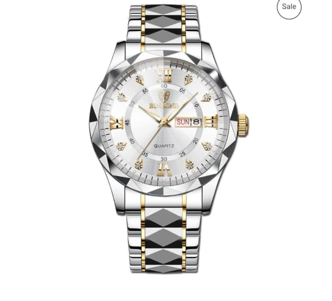 Luxury Binbond authentic men's watch waterproof night light dual calendar watch men's quartz watch diamond ceiling glass- Silver & Golden