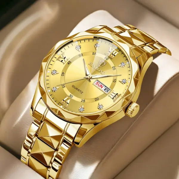 Luxury Binbond authentic men's watch waterproof night light dual calendar watch men's quartz watch diamond ceiling glass- Golden